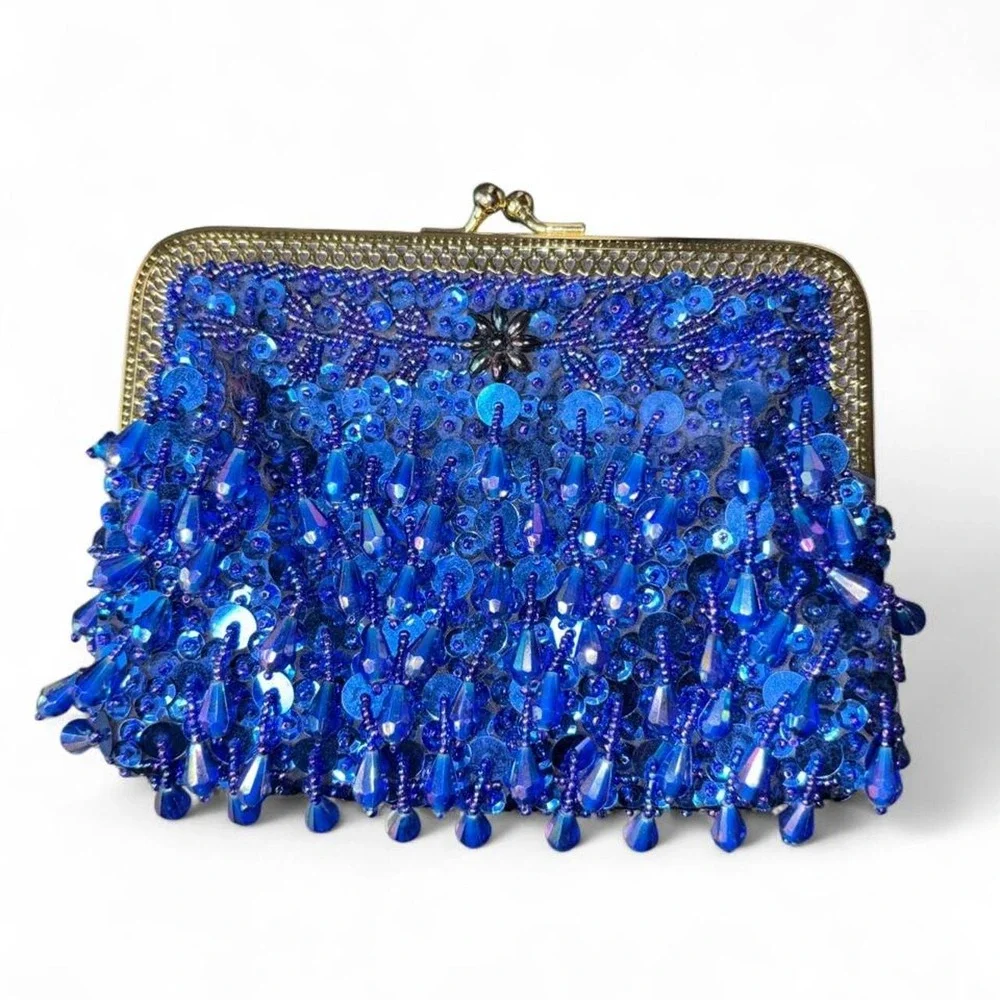 Vintage Blue Beaded Fringe Kiss-Lock Evening Bag ✨